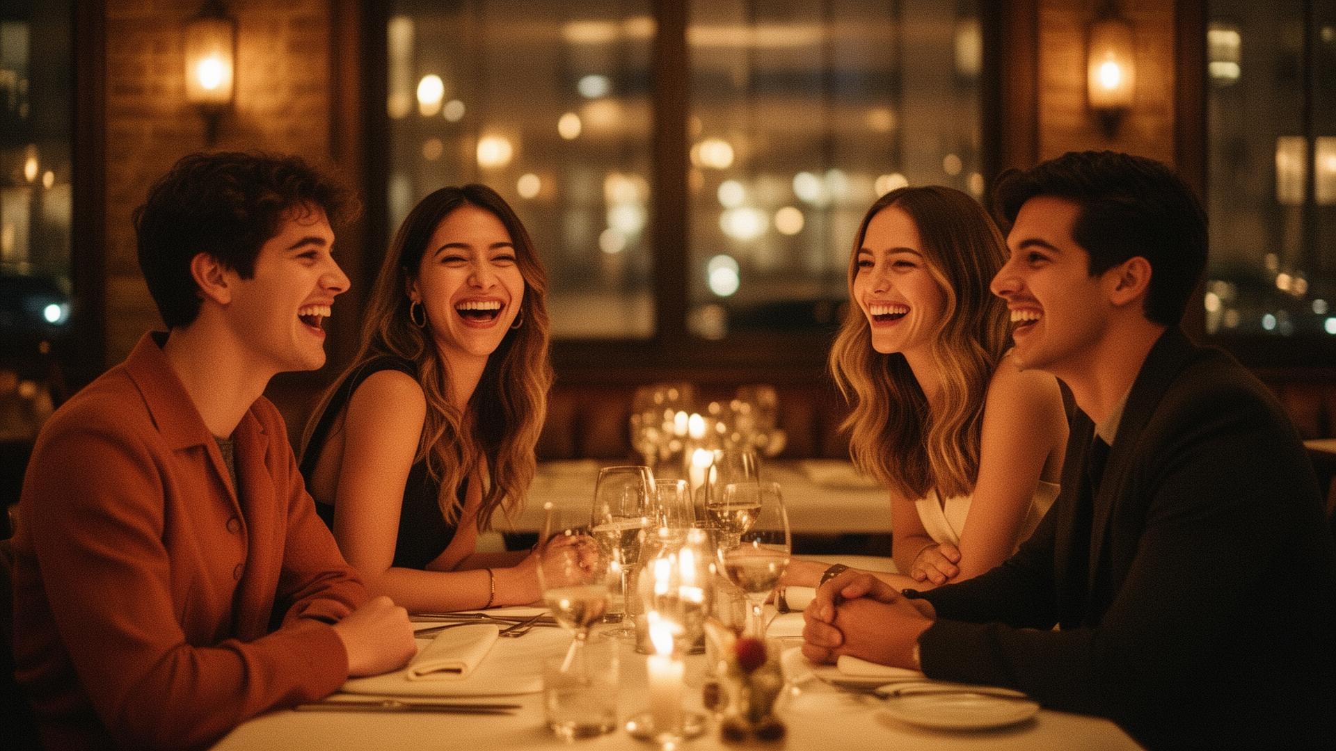 Four friends laughing over candlelit dinner in New York City